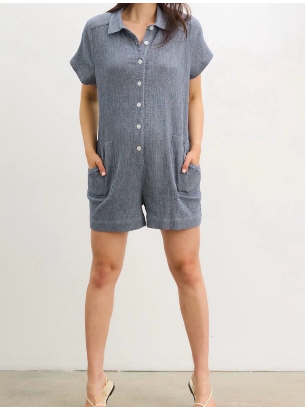 FLYLOW Button-Front Short Sleeve Romper Khaki NWT small stain